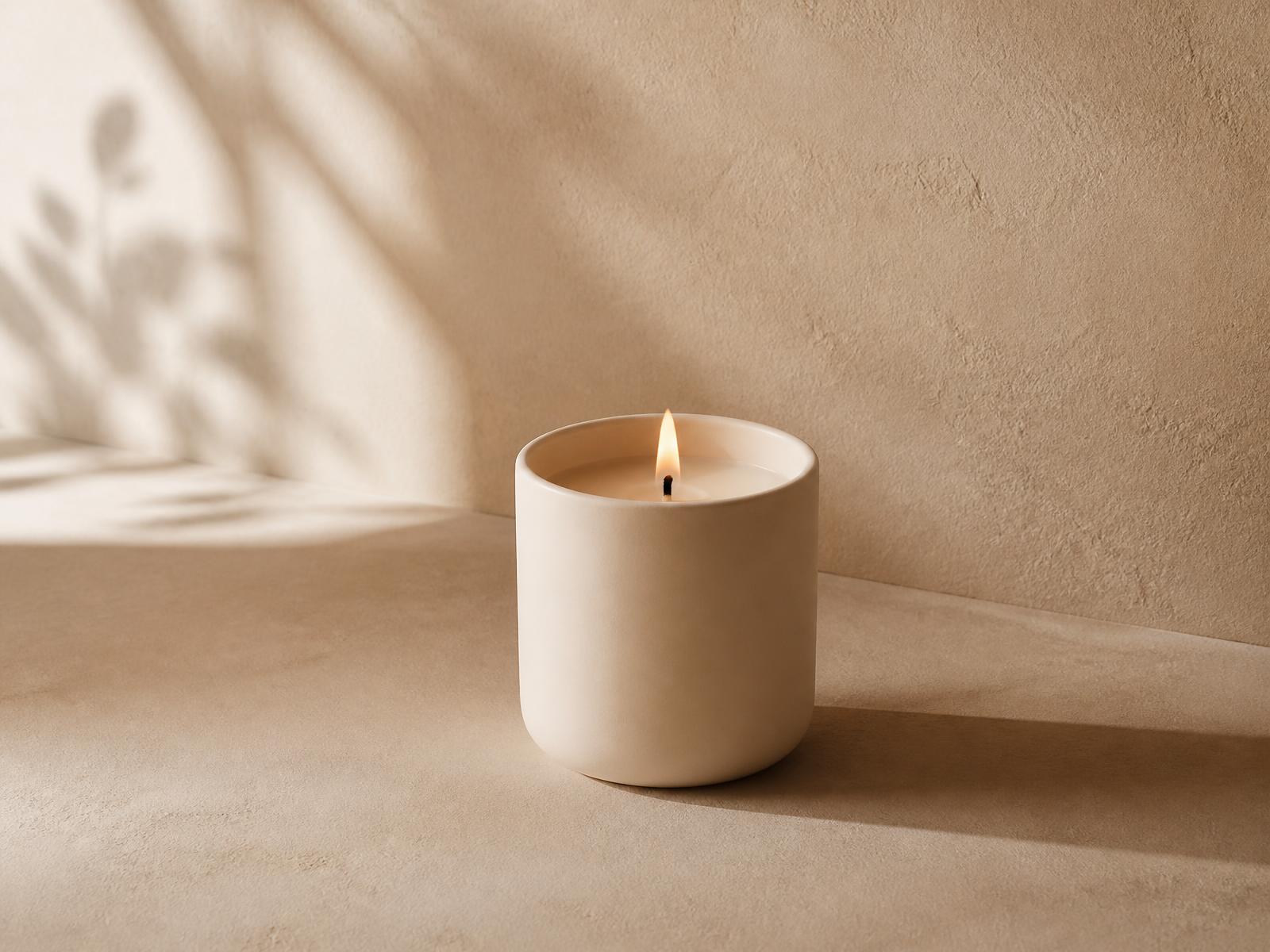 A lit cream ceramic TX Wax Co. candle on a warm plaster surface